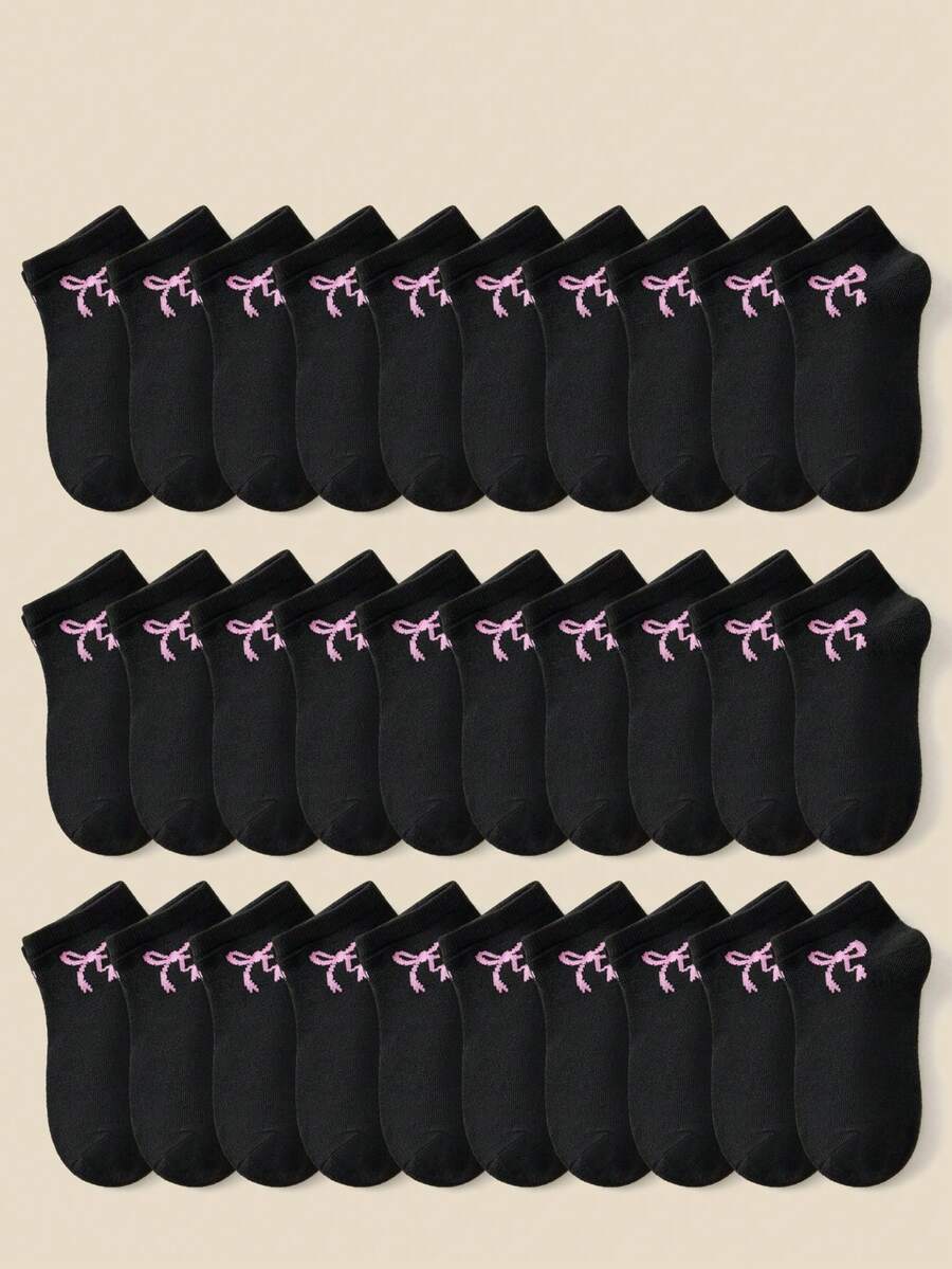 30双春夏儿童/女童黑色透气船袜,粉色蝴蝶结装饰,可爱时尚,亲肤耐穿,经典简约柔软舒适,适合返校、户外活动、校园演出、生日派对等场合。 - 黑色 - 查看 1