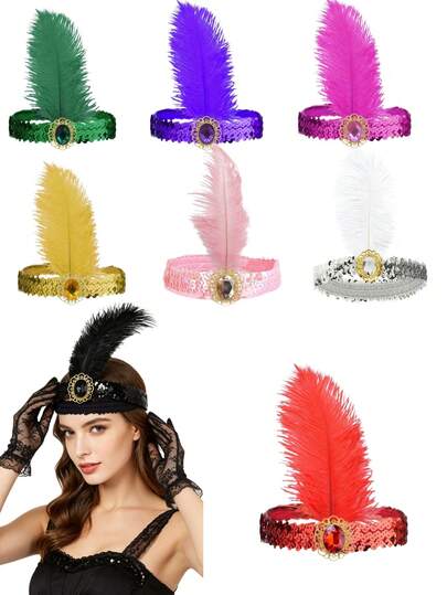 1 Pc Artificial Feather Sequined Headband, Carnival Feather Headpiece, 1920s Retro Style, Diy Party Costume Accessory, Colorful Feather Headband