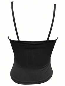 Camiseta de tirantes finos de encaje bordado de tela de jacquard de punto de unicolor elegante y casual de verano - Negro - Ver 5