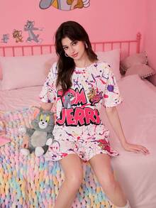 Noctvar OBM Sleepwear X TOM & JERRY Bộ đồ nữ 2 mảnh in họa tiết vẩy sơn, hợp tác giữa Tom & Jerry, phong cách thường ngày. - Nhiều màu - Xem 1