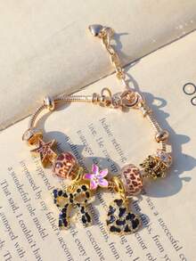 1件豹纹蝴蝶结爱心吊坠手链，豹纹蝴蝶结樱花手链，豹纹星星DIY手链，时尚豹纹金手链 - 金色 - 查看 8