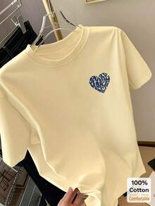 White Heart Print Short Sleeve Mid-Length T-Shirt, Fashionable Printed Casual Top #3333 Summer - Apricot - View 3