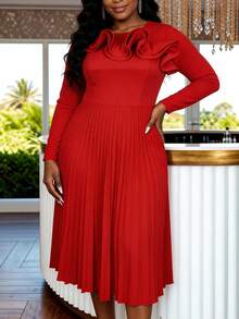 AOMEI Women's Elegant & Dignified Pleated A-Line Red Dress, With 3D Ruffle, Round Neck Long Sleeve, Autumn/Winter Dress Suitable For Parties, Evening Banquets, Weddings And Other Occasions - Red - View 4