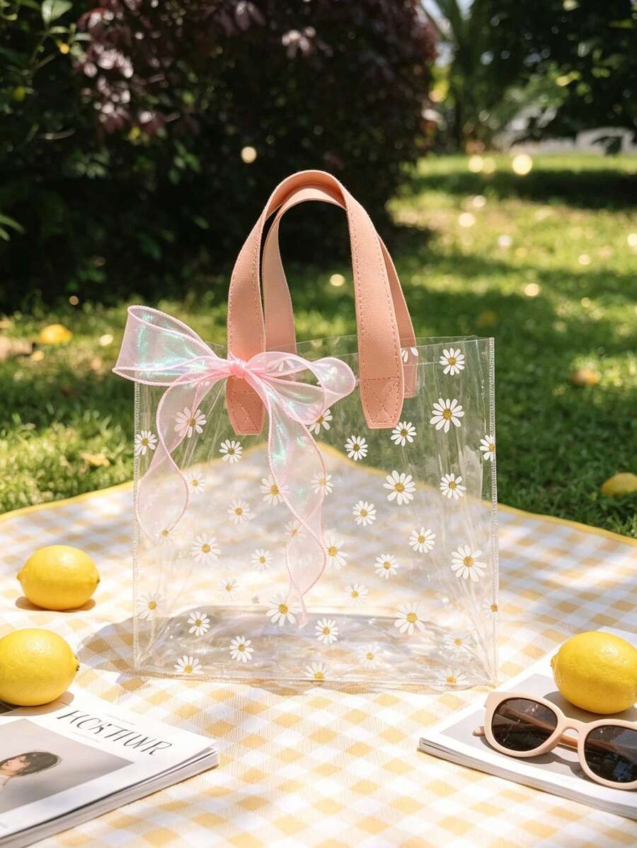 Daisy Print Transparent PVC Gift Bag With Ribbon Bow And Pearl Pendant, Transparent Daisy Pattern PVC Gift Bag With Handle, Plastic PVC Candy Bag With Ribbon, Small Gift Bags For Wedding Birthday Party Valentine's Day
