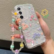 适用于三星 Galaxy S25 Ultra、S24 FE、A56、A16-5G、A17 的花卉蝴蝶图案手机壳，配有彩色串珠链和挂绳，也适用于三星 A15/A05s、S24/S24 Ultra、A36/A35-5G（米色图案）、A54/A55-5G/S25（带串珠链）、S22 Ultra/S23/A26。 - 透明殼 - 查看 3