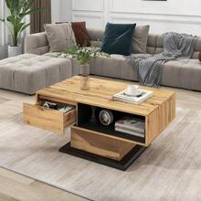 Coffee Table With Wood Grain Finish, Featuring A Handleless Drawer, A Storage Compartment, And A Rear Storage Compartment; Double-Sided Storage Space. Suitable For The Office Or Living Room; Ideal As A Coffee Table With Ample Storage. - Natural - 查看 4