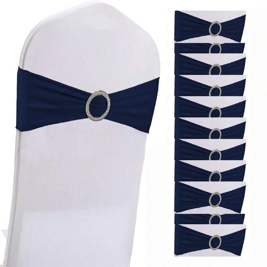 10pcs Elastic Chair Bows With Round Buckle Sliders, Spandex Chair Sashes For Graduation, Dance, Wedding, Party Decoration - Navy Blue - View 1