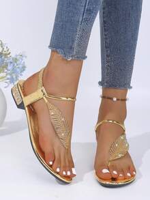 Women's New Gold Rhinestone Sandals, Summer Open Toe Mid-Heel Sandals, Thong Style Shiny Sequins, Personalized Feather Rhinestone Decor - Gold - View 1