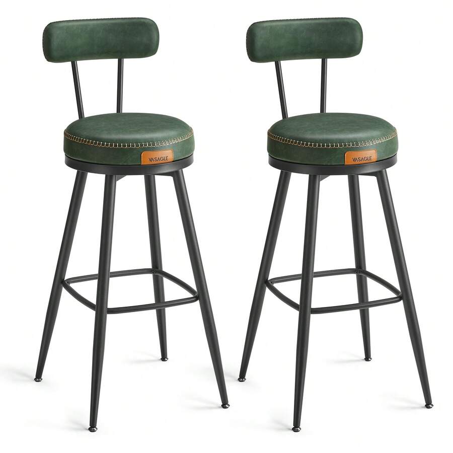 VASAGLE EKHO Colección - Juego de 2 Taburetes de Bar, Sillas Giratorias de Barra con Respaldo, Altura 76 cm, con Costuras, Moderno Siglo Medio, Verde Bosque - Verde Oscuro - Ver 1