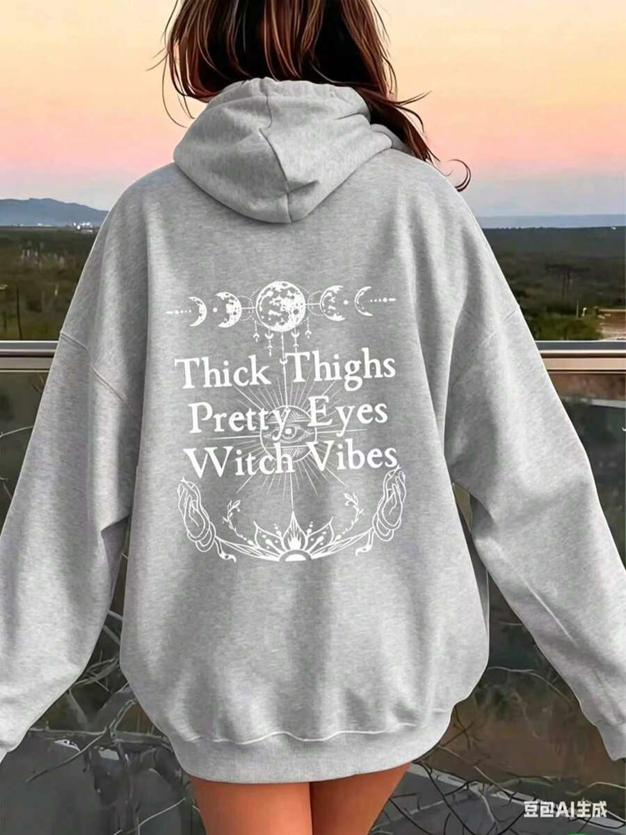 Women's Witchcraft Moon Phase And "Thick Legs Beautiful Eyes Witch Style" Pattern Hoodie - Gothic Font, Crescent Moon Print, Casual Pullover, Suitable - 灰色 - 查看 1