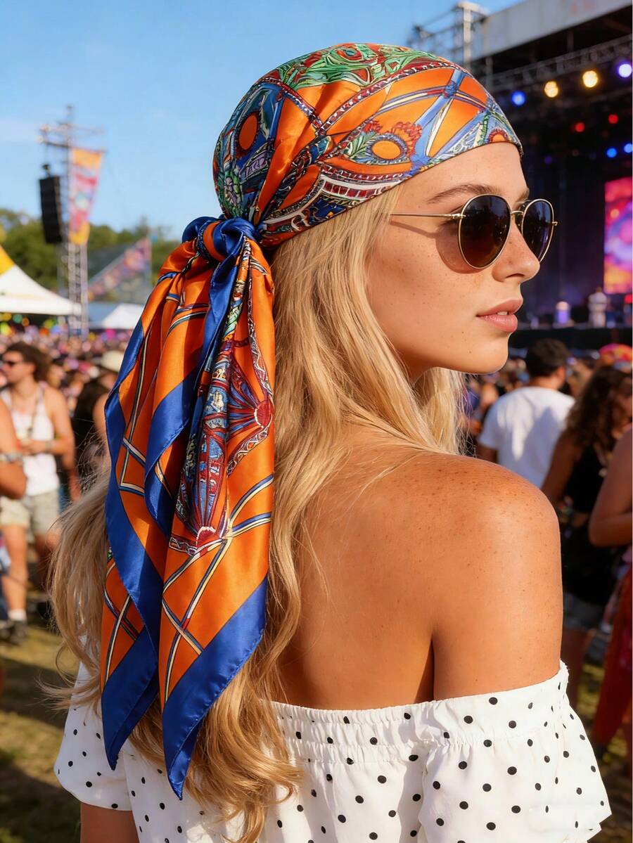 1pc Women's Orange Chain Print Scarf, Versatile Outdoor Sports Headband, Suitable For Summer Beach, 90x90cm Square Bandana,Travel Essential,Holiday - Orange-blue - View 1