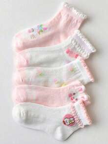 5双儿童蕾丝花边荷叶边短袜，薄网眼女童短袜 - 彩色 - 查看 2