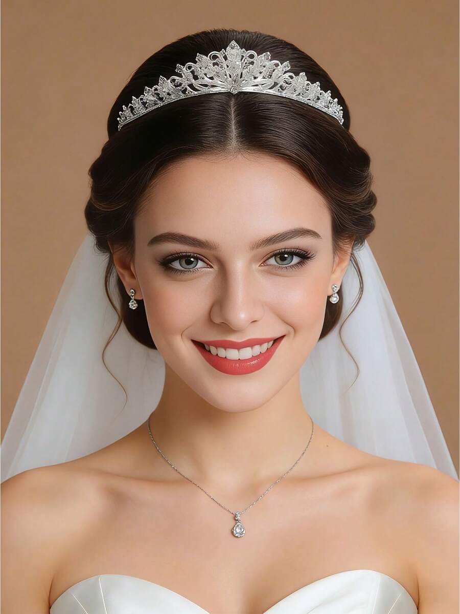 1 pieza Corona de aleación decorada con cristales de Rhinestone brillantes, accesorio de pelo elegante adecuado para novia, boda, fotografía diaria, fiesta, cumpleaños y otras ocasiones, verano, playa - Plateado - Ver 1