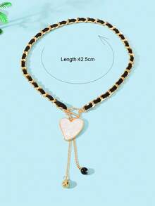 1 pieza Collar de mujer con cadena dorada, cuerda trenzada negra, colgante de corazón blanco y borla, joyería de moda para fiesta y uso diario - En forma de corazón - Ver 3
