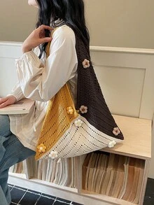 1件装撞色鱼形设计大容量单肩手提包，时尚钩编包，波西米亚风沙滩度假日常女包 - 黃色 - 查看 4