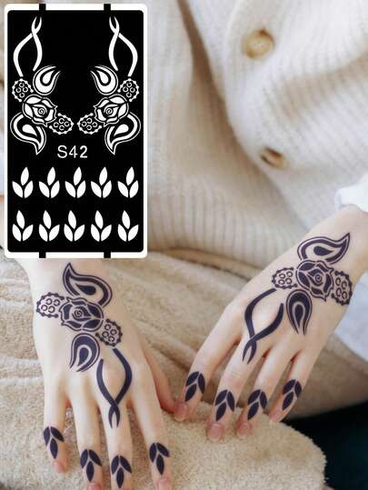 Hana Hand-Drawn Hollow Floral Tattoo Stencil - Sexy Floral Pattern, Suitable For Hands, DIY Painting, Ink, Reusable Mandala Design Template Sticker, Suitable For Women Body Party Makeup