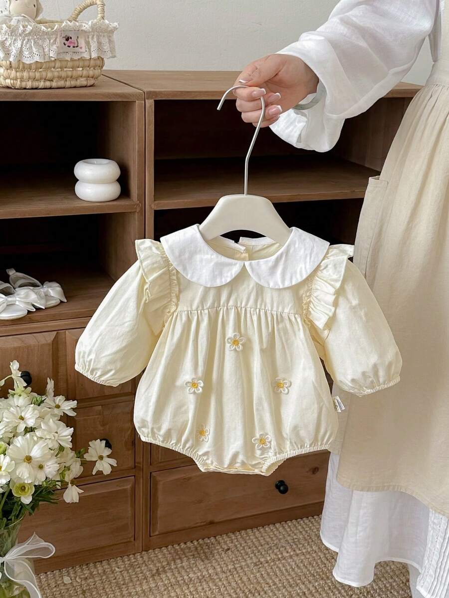 女婴碎花荷叶边领连体衣,春季 - 杏色 - 查看 1