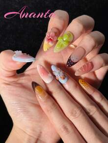 10片手工杏仁形美甲贴纸，纯手工制作，华丽、优雅、可爱，扎染花卉、蝴蝶和珍珠装饰美甲贴纸，适合女孩和女性。 - 彩色 - 查看 3