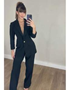 Women's Plus Size Set: Blazer And Wide Leg Pants, Linen Fabric - Black - View 2