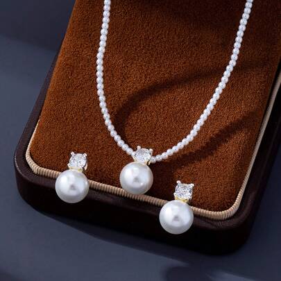 Bộ trang sức 3 món gồm dây chuyền và bông tai đính ngọc trai thanh lịch, thiết kế tối giản chất lượng cao, thích hợp làm quà tặng Ngày của Mẹ, đám cưới, tiệc tùng.