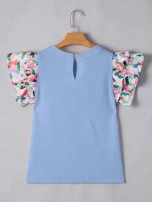 Acelitt Women's Blue Round Neck Fitted Ruffle Floral Cuff Short Sleeve T-Shirt, Fashionable And Stylish For Summer Casual - Blue - View 6