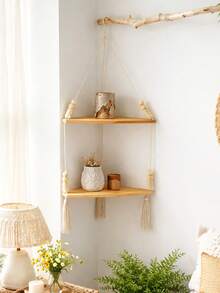 1pc Bohemian Style Double-Layer Wall Hanging Shelf, Macrame Rope Suspended Book Rack, Woven Decor Wall Shelf, Aesthetic Style Room Decor, Rustic Wall Storage Rack, Decorative Display Shelf - Multicolor - View 9