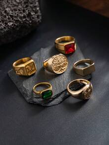 6pcs Vintage Gold Stamp Rings, Men's Punk Style Colorful Stacking Rings, Hip Hop Personalized Accessories - Gold - View 4