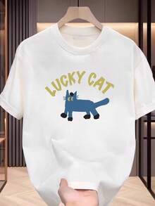 Camiseta con ilustración de gato azul de dibujos animados, patrón combinado de GATO DE LA SUERTE, conjunto para parejas, ropa para ir al trabajo, estilo juvenil, manga corta de algodón puro para verano. - Blanco - Ver 12