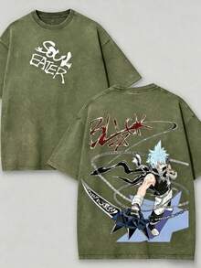 Soul Eater - Black Star Anime Washed T-Shirt, Double-Sided Cotton, Unisex Design, Japanese Manga Merchandise, Men's T-Shirt - 綠色 - 查看 5
