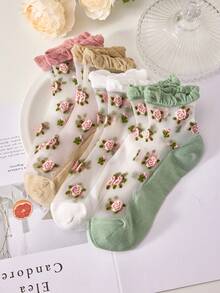 5 Pairs Rose Ditsy Floral Breathable Moisture-Wicking Short Socks For Women, Non-Slip Comfortable, Suitable For Spring/Summer, Casual Wear, Random Colors - Multicolor - View 3