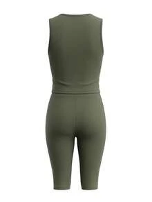 LovelyWholesale Setelan 2 Potong Atasan Tank Top Leher Bulat Warna Polos Sporty untuk Wanita, Pakaian Musim Panas yang Elegan - Olive Green - View 7