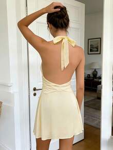 Women's Summer Halter Neck Open Back Solid Color Ruched Irregular Hem Mini Dress  Soft Stretchy Y2K Daily Party - Yellow - View 3