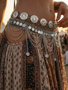2pcs Vintage Bohemian Style Daisy Petal & Flower Design With Multi-Layer Coin Belly Chain, Sexy Arabian Tassel Waist Chain, Suitable For Beach, Holiday, Party Wear, Halloween, Campus Autumn, Autumn - 兩件古董銀器 - 查看 5