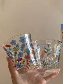 1个小众ins风雏菊玻璃杯，手绘复古浪漫小花咖啡杯/牛奶杯，适用于咖啡、茶、牛奶、饮料、果汁、冷饮，情人节、毕业典礼、生日、母亲节礼物 - 彩色 - 查看 2