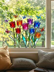 1pc Cartoon Colorful Stained Glass Tulip & Butterfly Window Sticker, Balcony Glass Window Decor - Tulip Butterfly Window Stickers - View 1