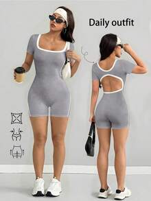 Bộ jumpsuit nữ AITYI Studio họa tiết hoa màu xám, dáng ôm vừa vặn, thoải mái, cổ vuông, phối màu tương phản, khoét lưng gợi cảm, thời trang ôm sát, thích hợp cho tập thể dục trong nhà, phong cách Y2K, dự tiệc, kỳ nghỉ, mùa xuân hè, lễ tốt nghiệp, lễ hội nhạc đồng quê, ngày Quốc khánh, mùa hè. Bộ đồ liền thân tay ngắn, nhẹ, thoáng khí, thân thiện với da, chất liệu dệt kim co giãn. - Xám - Xem 3