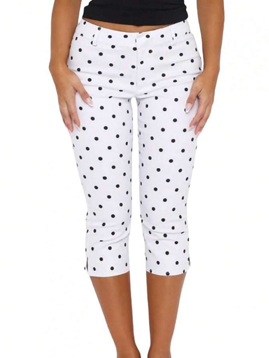 Women Side Slit Capri Pants Stretchy Slim Fit Capris Yoga Leggings Y2k Knee Length Going Out Cropped Pants Polka Dot Capri Pants - 象牙白 - 查看 1