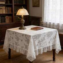 1pc French Floral Lace & Jacquard Tablecloth, Vintage American Ruffled Square/Round Tablecloth For Dessert Stands, Tea Tables, Wedding Decor, Garden Patio, Family Dining, Outdoor Picnic Curtain - 白色 2 - 查看 8