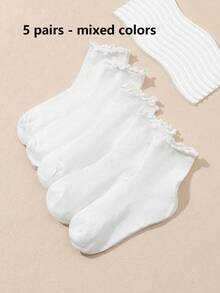 5 pares de calcetines de media caña con volantes de unicolor para mujer, primavera/verano - Blanco - Ver 9