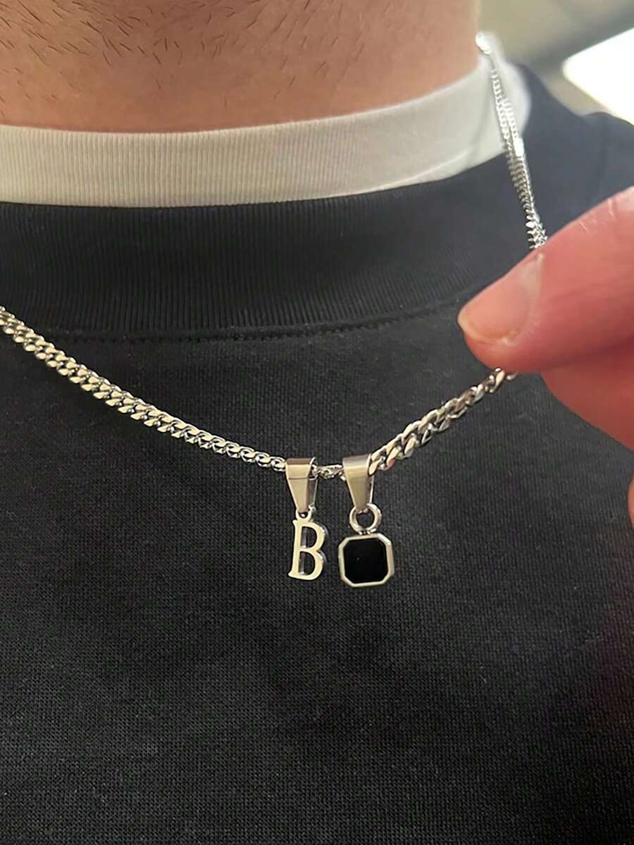 1件 时尚简约不锈钢几何字母吊坠男士项链 - 銀色 - 查看 1