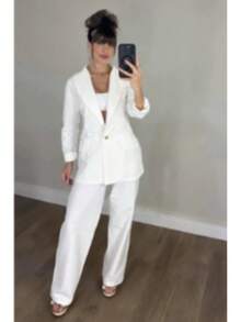 Women's Plus Size Set: Blazer And Wide Leg Pants, Linen Fabric - Off White - View 2