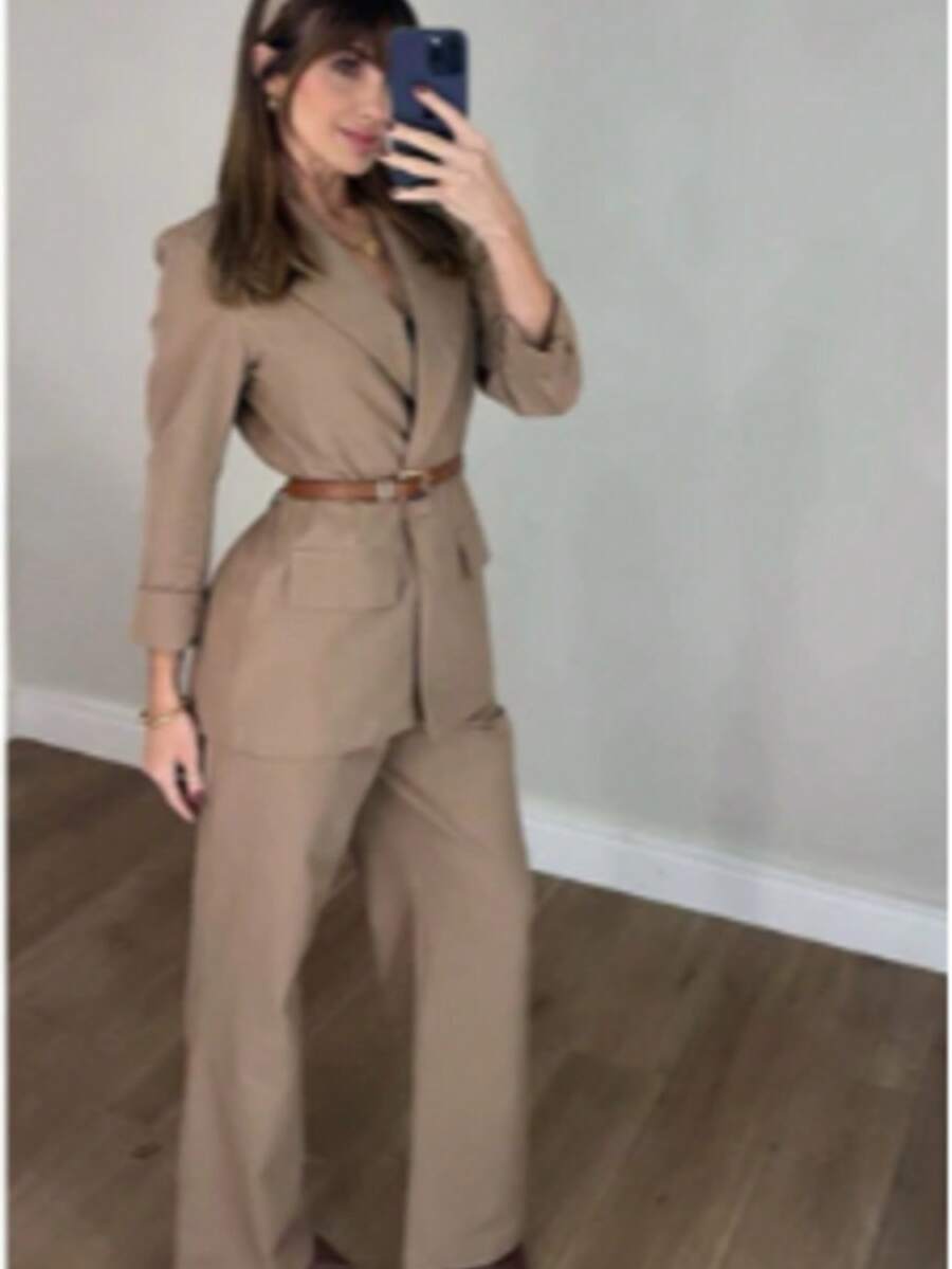 Women's Plus Size Set: Blazer And Wide Leg Pants, Linen Fabric - 加牛奶的咖啡 - 查看 1