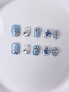 10pcs Handmade Short Square Blue Y2K Style Elegant Minimalist Cat Eye Glossy Nail Stickers, Suitable For Women And Girls, Applicable For Various Seasons, Festivals, Parties, Holidays And Daily Life Nail Art Supplies Press On Nails - Blue - View 5