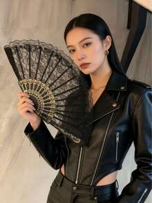 1pc Vintage French Lace Tassel Folding Hand Fan, Suitable For All Seasons, Suitable For Dancing, Summer Travel, Street Fashion Shooting. Vintage French Lace Tassel Folding Hand Fan, New China Retro Black Lace Folding Fan, Suitable For Carrying Around And Using All Year Round, Suitable For Matching Outfits, An Essential Accessory For Autumn, Suitable For Spring, Summer And Autumn Use. - Multicolor - View 3