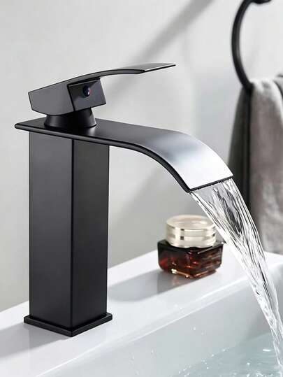 Stainless Steel Waterfall Bathroom Faucet, Classic Black Dual-Function Basin Sink Tap, Single Handle Ball Valve, Cold And Hot Water Mixing, Waterfall Spout, Countertop Installation, Includes Easy Installation Accessories, Suitable For Bathroom Sink, Bar, RV, Vanity, Kitchen Countertop, Essential Modern Home Accessory, Ideal Gift And Home Renovation Choice