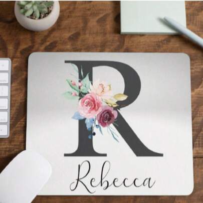 1pc Customizable Initial Floral Mouse Pad, Personalized R Letter Rose Design Office Desk Mat, Non-Slip Washable Keyboard Pad, Minimalist Aesthetic Suitable For Students, Office Ladies, Graduation, Mother's Day, Birthday Gifts For Girlfriends