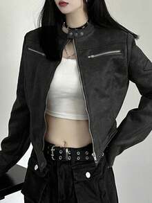 Short Biker Jacket - Vintage Faux Suede, Minimalist Moto Style, Zipper Pockets, Perfect For Layering Street Style Casual Black - Black - View 5