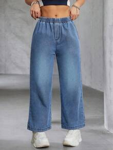 Calça cropped feminina casual de perna larga, corte reto, cintura elástica, tecido sem elasticidade, cor sólida, adequada para todas as estações, tecido de primavera - Azul - Ver 2