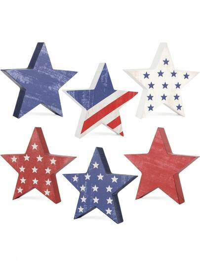 6pcs - July 4th Decorations Wooden Star Decor Set, Labor Day Decorations, Memorial Day Layered Tray Decor, Red White Blue Veterans Day Home Office Desktop Decor