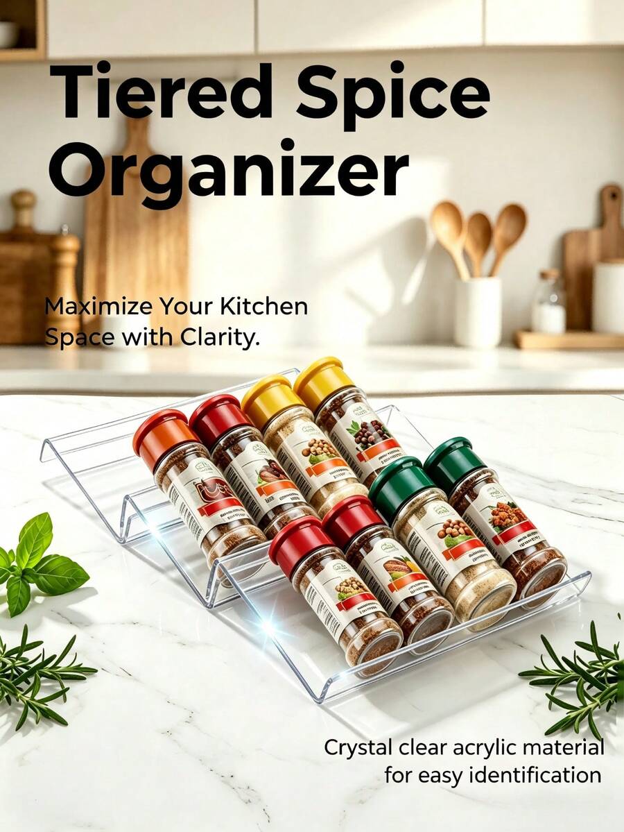 1pc/4pcs/8pcs Transparent Acrylic Slanted Spice Bottle Organizer Rack, Expandable Kitchen Countertop Storage Tray, Spice Drawer Organizer, Expandable Plastic Slanted Spice Rack, Kitchen Storage Accessories (Bottles Not Included) - Transparent - View 1
